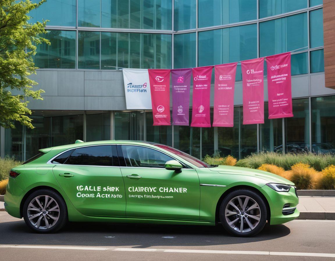 A compelling image featuring a sleek, modern car parked in front of a cancer research building, with vibrant banners promoting cancer advocacy. The scene should be filled with diverse individuals engaging in discussions around the car, symbolizing collaboration between the auto sector and health advocacy. Add elements such as green plants and sunlight streaming in to represent hope and innovation. Include a subtle overlay of cancer awareness ribbons in the background. super-realistic. vibrant colors. 3D.