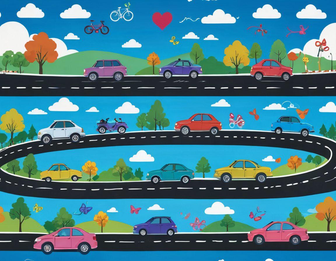 A dynamic scene featuring various vehicles, such as cars and bicycles, driving along a winding road. Each vehicle is decorated with symbols of hope like ribbons and research icons, representing cancer support and research. In the sky, uplifting clouds form shapes of hands and hearts, showcasing community connection. The background should include a vibrant landscape with trees, sunlight, and a clear blue sky, symbolizing progress and hope. super-realistic. vibrant colors. 3D.