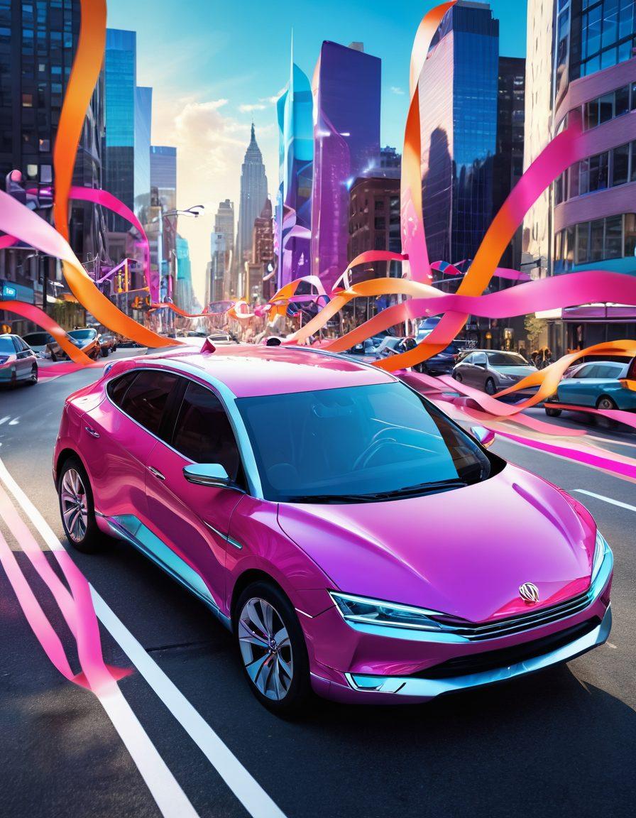 A dynamic scene depicting a futuristic car showcasing innovative cancer awareness features, surrounded by vibrant ribbons symbolizing hope and support. Include diverse individuals engaging in conversation, emphasizing community and unity. The background shows a modern cityscape with a bright, uplifting color palette. super-realistic. vibrant colors. 3D.